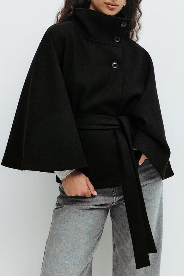 Saelir Button Up Stand Collar Cape Coat