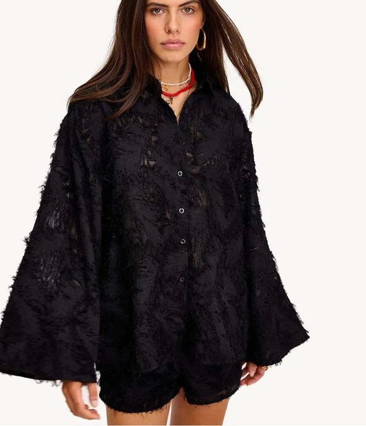 Saelir Yellow Feather Drawstring Shorts Office Two Piece Set