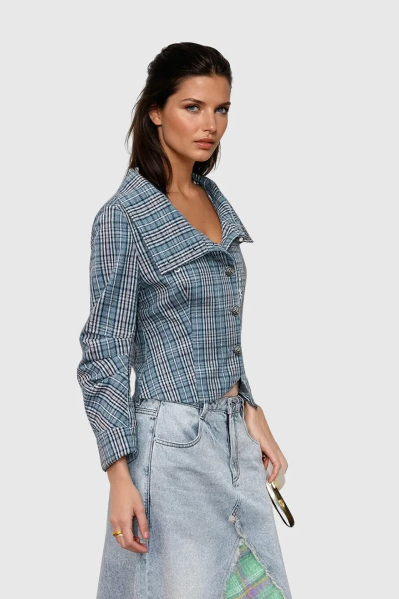 Candlestick Print Plaid Ruched Stand Collar Coat