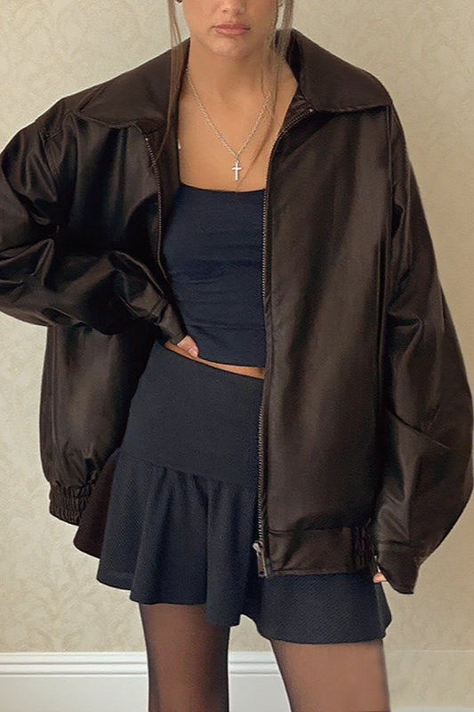Long Sleeve Basic Loose Zipper Leather Coat