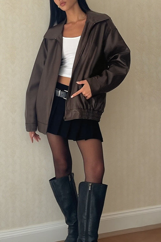 Long Sleeve Basic Loose Zipper Leather Coat