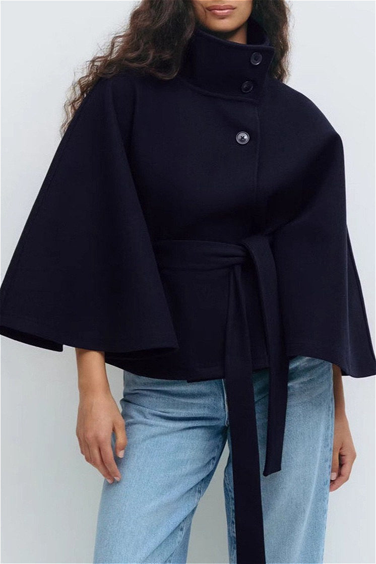 Saelir Button Up Stand Collar Cape Coat