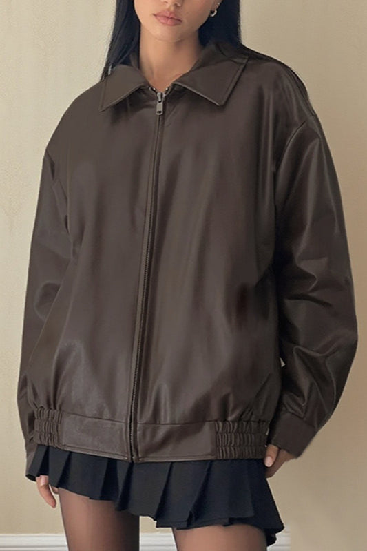 Long Sleeve Basic Loose Zipper Leather Coat