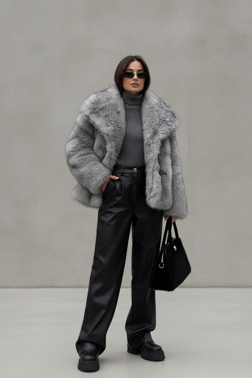 Faux Silver Fox Fur Chic Short Lazy Coat