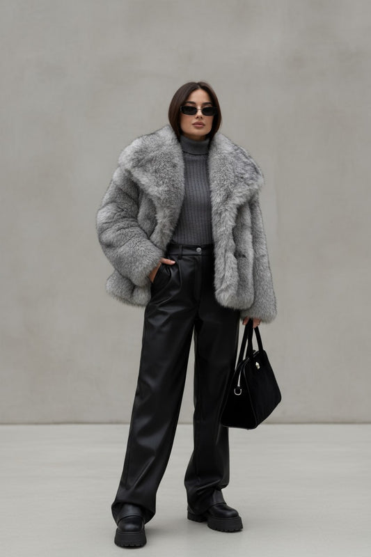 Faux Silver Fox Fur Chic Short Lazy Coat
