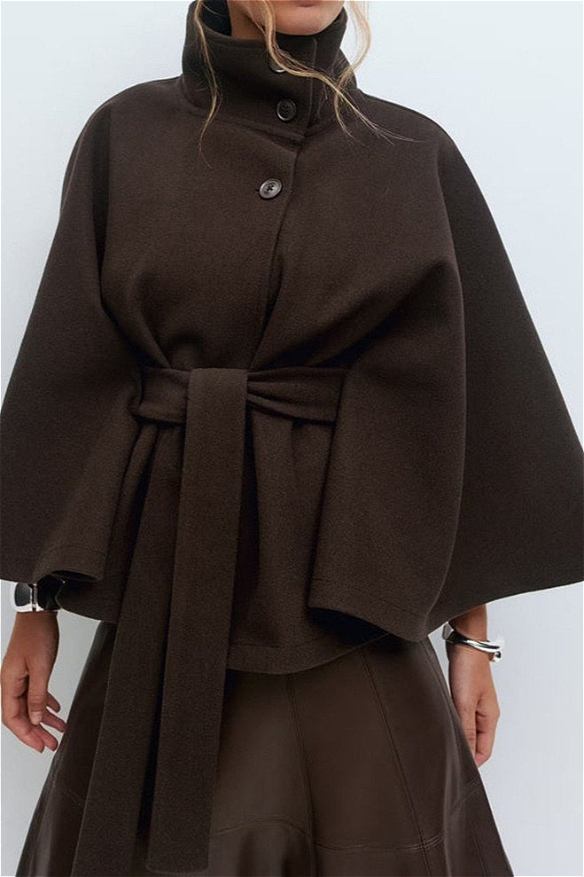 Saelir Button Up Stand Collar Cape Coat