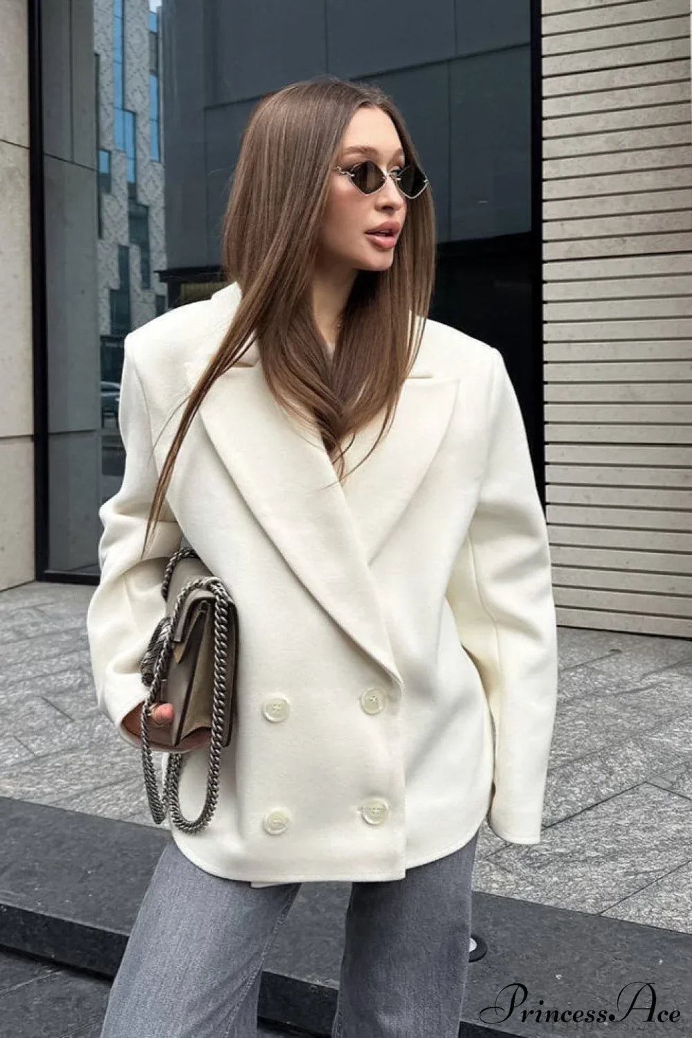 Beige Wool Blend Collared Mid Length Coat