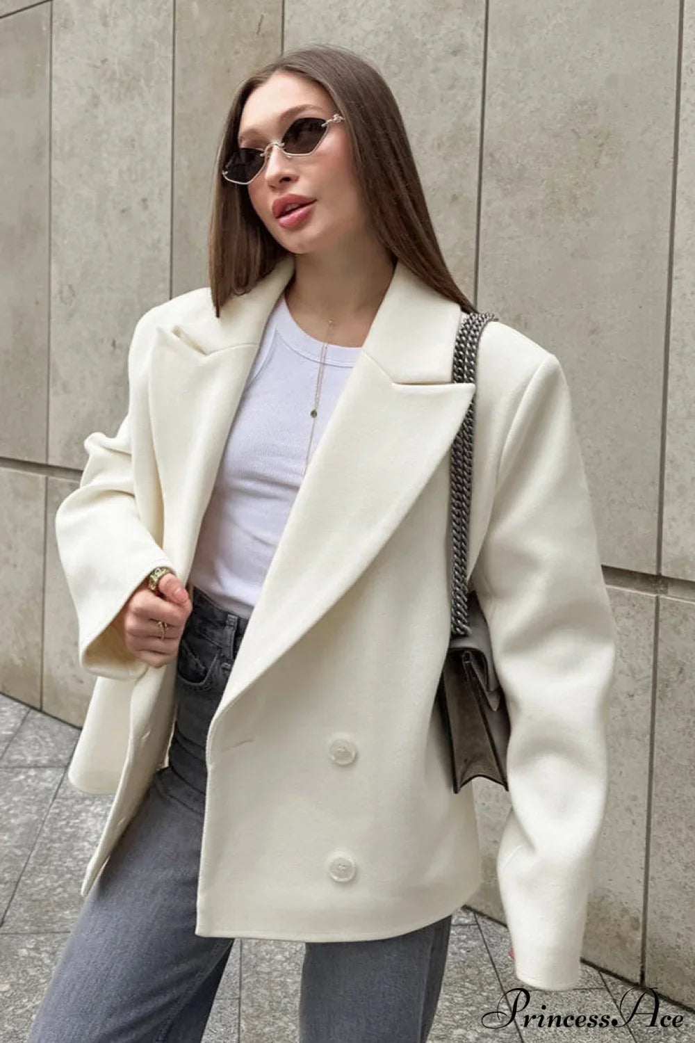 Beige Wool Blend Collared Mid Length Coat