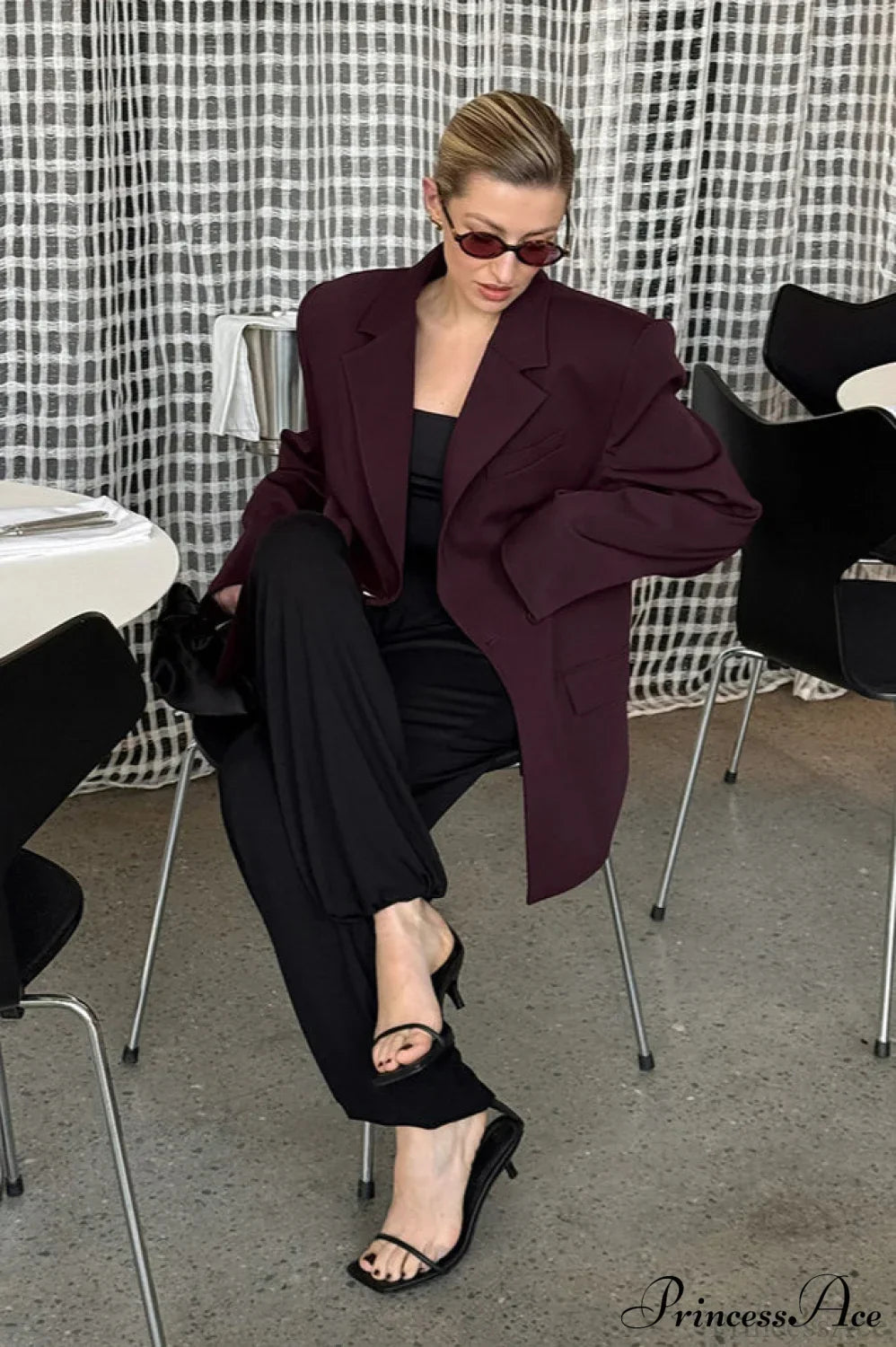 Burgundy Loose Tailored Professional Retro Coat
