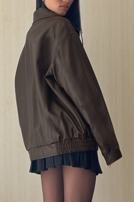 Long Sleeve Basic Loose Zipper Leather Coat