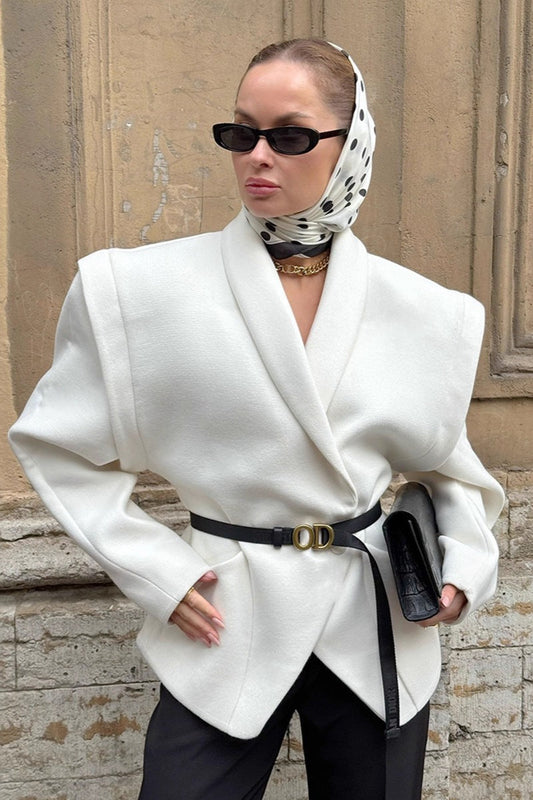 White Wool Thickened Belted Collared Mid-Coat