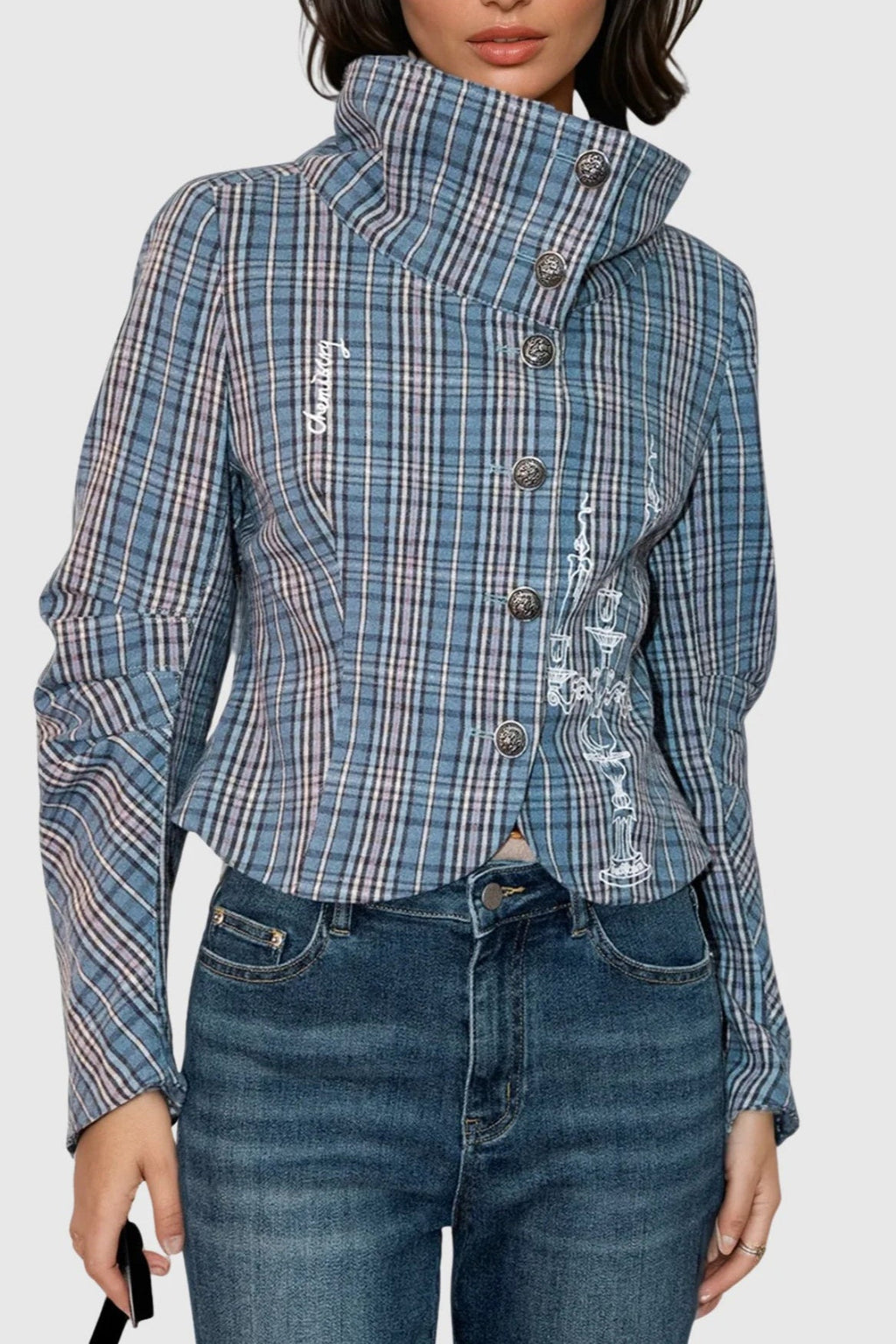 Candlestick Print Plaid Ruched Stand Collar Coat