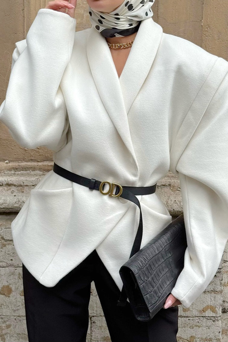 White Wool Thickened Belted Collared Mid-Coat